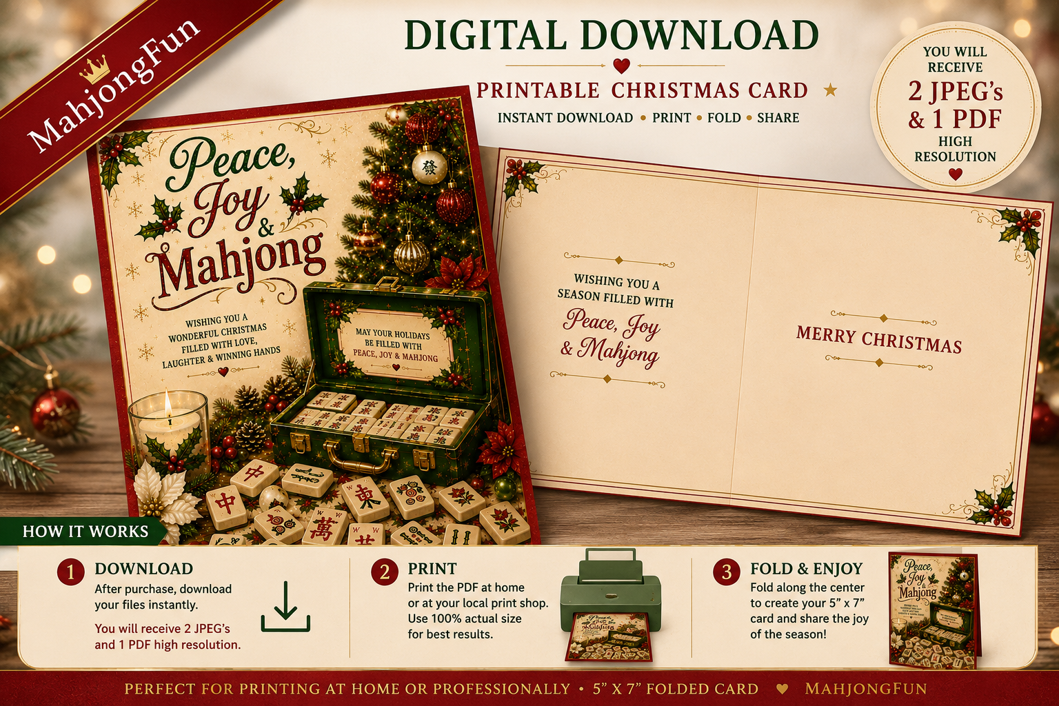 Digital product listing for a printable Christmas card template by Mahjongfun, showing a festive red-and-cream folded card design, an open interior view with script text, holiday-themed packaging imagery, and a step-by-step how-to banner at the bottom.