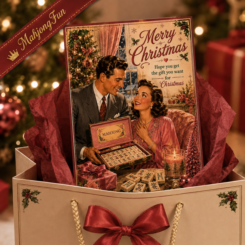 A Mahjong game set presented in a gift box with a large Christmas card featuring a vintage couple and the text 'Merry Christmas'. The scene is decorated with a Christmas tree and warm holiday lights in the background.