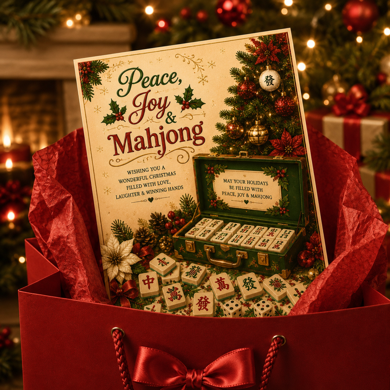 A Christmas-themed mahjong gift set displayed in a red gift bag with tissue paper, featuring a printed card that reads 'Peace, Joy & Mahjong' and shows a mahjong game box and tiles on a festive holiday background.