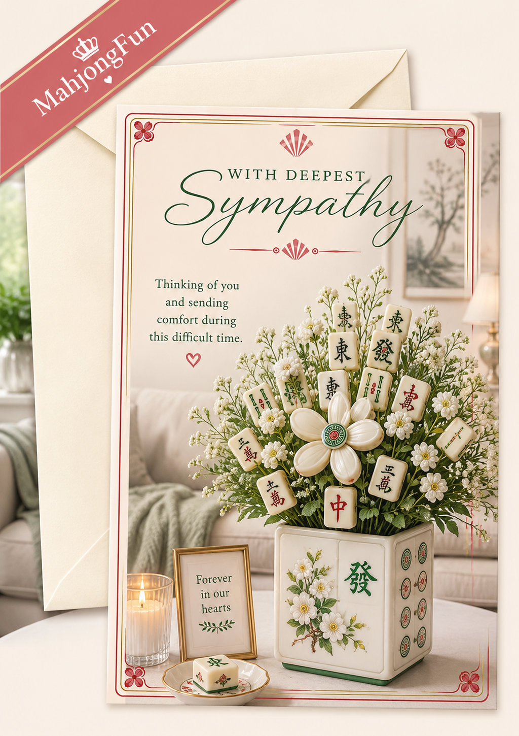A mahjong themed sympathy greeting card featuring a mahjong tile bouquet arrangement with white flowers and Chinese characters, alongside a small candle and a framed message. The card reads 'WITH DEEPEST Sympathy' and includes a red diagonal banner reading 'MahjongFun'.