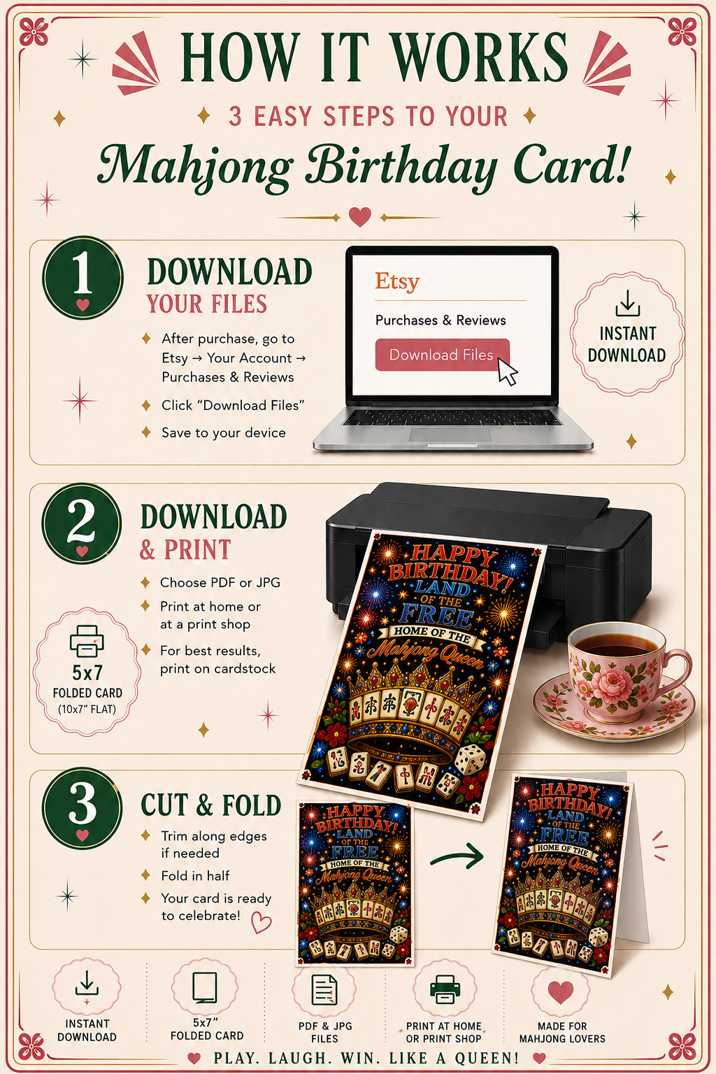 Patriotic Mahjong Birthday Card | Mahjong Crown (Digital Download)