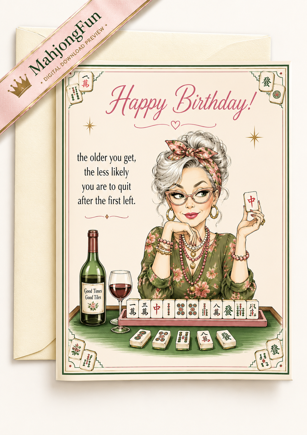 Funny Mahjong Birthday Card Digital Download | Vintage Style, Wine Lover