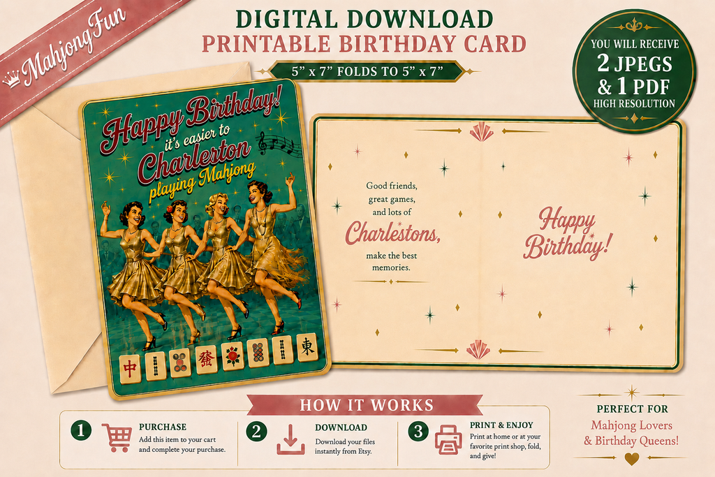 Funny Mahjong Charleston Birthday Card | Retro Humor (Digital Download)