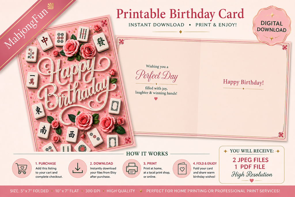 A promotional graphic for a printable birthday card template. The design shows a pink folded card with decorative mahjong tile characters, roses, and the words 'Happy Birthday' and 'Perfect Day.