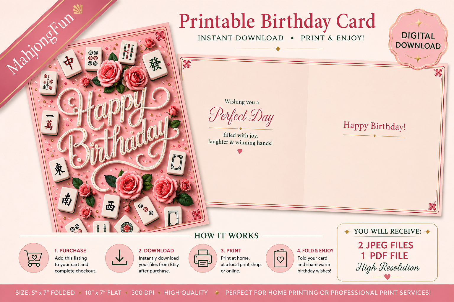 A promotional graphic for a printable birthday card template. The design shows a pink folded card with decorative mahjong tile characters, roses, and the words 'Happy Birthday' and 'Perfect Day.