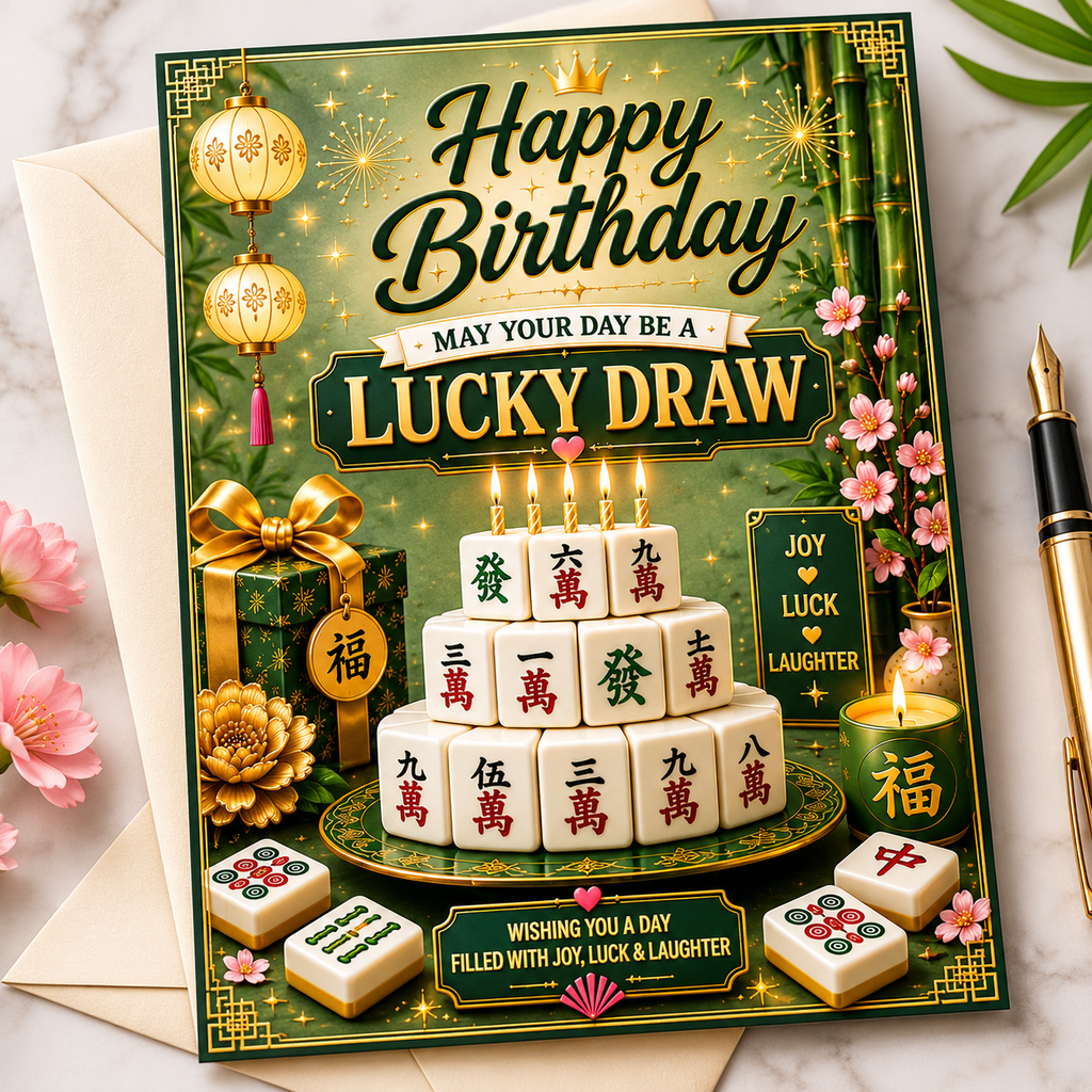 Mahjong Birthday Cake with mahjong tiles and candles for a mahjong themed birthday card. Birthday card text is Lucky Draw, with joy, luck and laughter wishes.