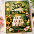 Mahjong Birthday Cake with mahjong tiles and candles for a mahjong themed birthday card. Birthday card text is Lucky Draw, with joy, luck and laughter wishes.
