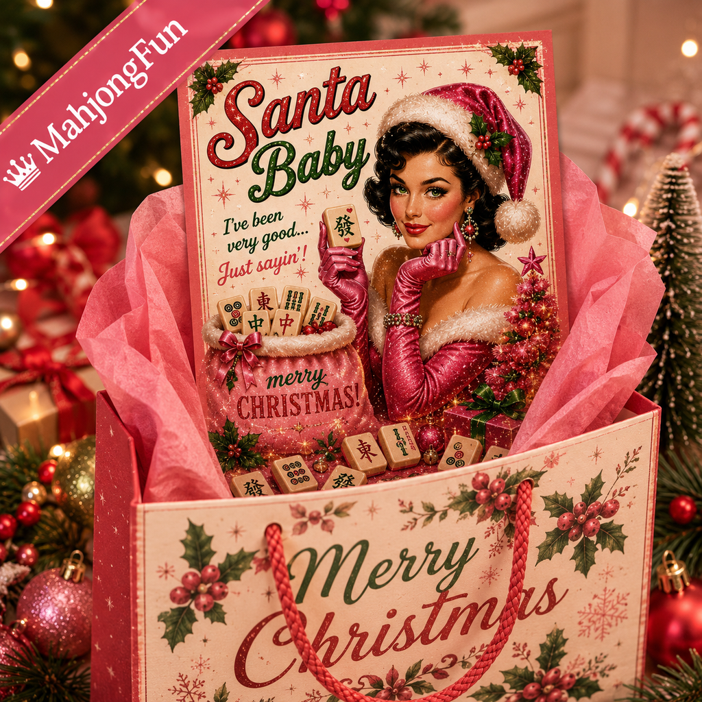 A festive Christmas gift set in a pink and cream paper bag printed with 'Merry Christmas' and holly motifs, filled with pink tissue paper and a 'Santa Baby' card featuring a retro pin-up illustration. The scene is decorated with holiday lights and ornaments.
