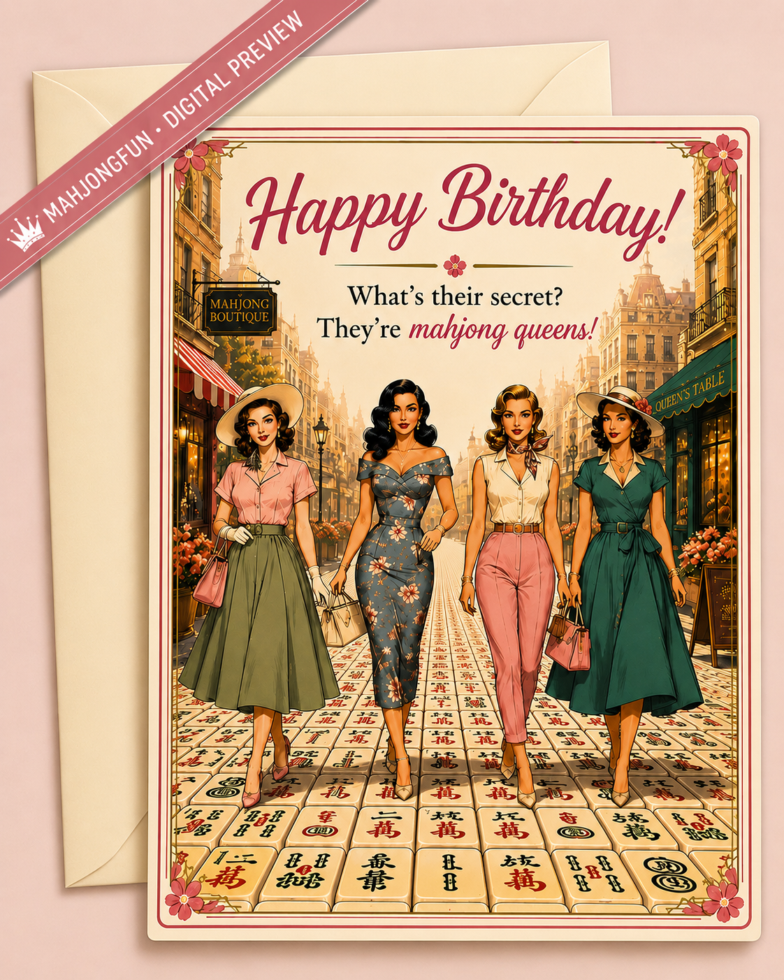 Mahjong Queen Birthday Card Printable |Glamorous Ladies Mahjong | Retro 1950s Pin-Up Birthday Card | Instant Digital Download (Copy)