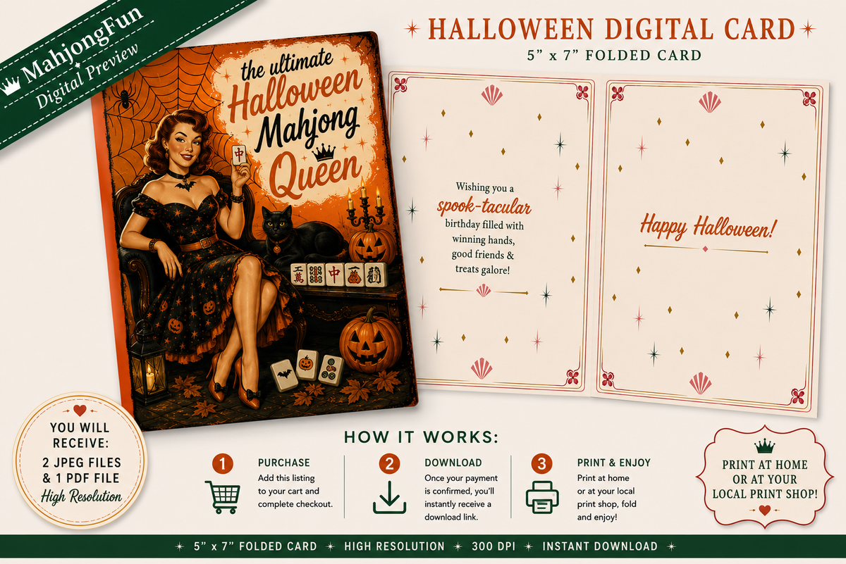 This glamorous retro-inspired Halloween Mahjong card features the Ultimate Halloween Mahjong Queen surrounded by spooky-season favorites: a black cat, pumpkins, spiderwebs, candlelight and, of course, Mahjong tiles.