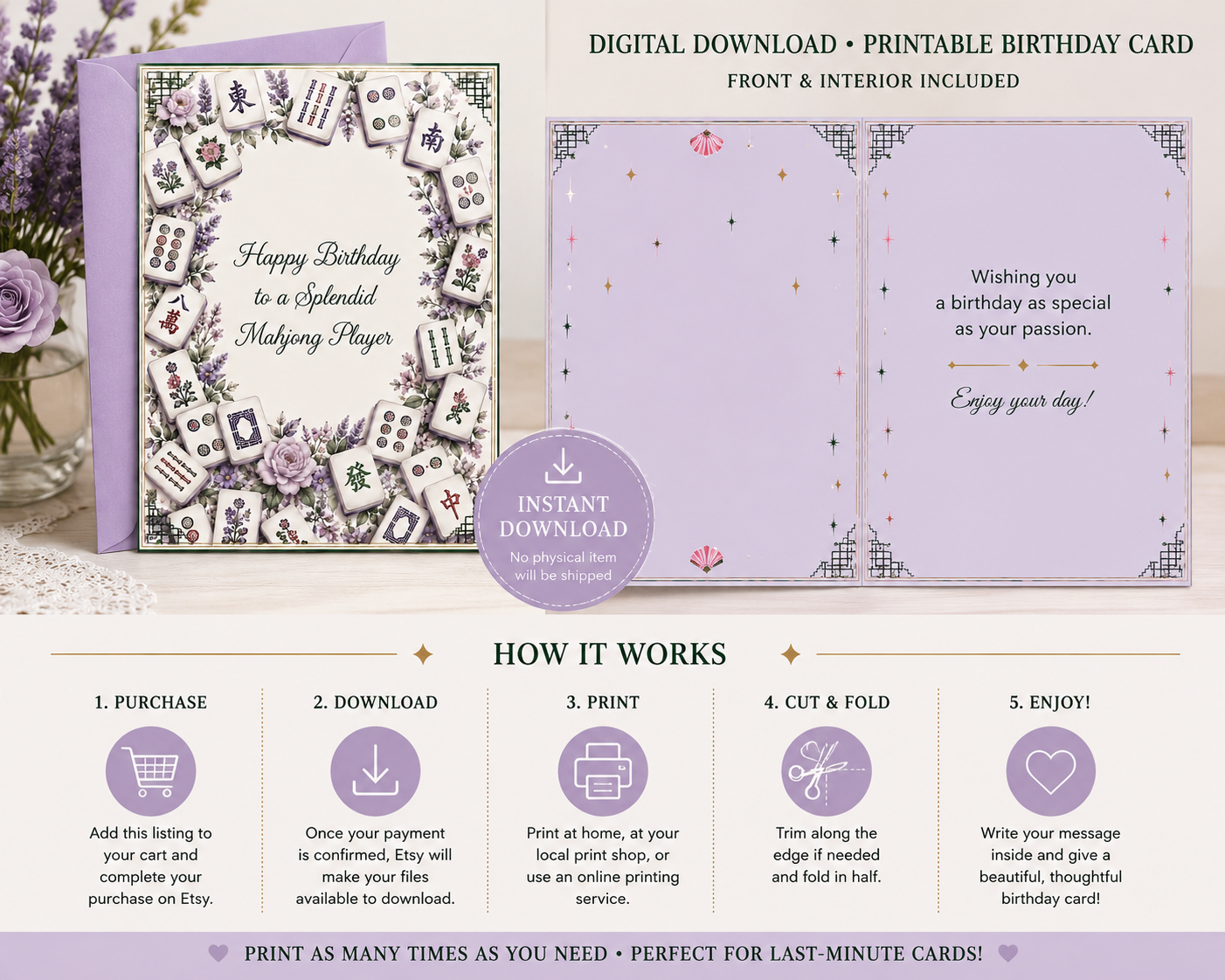 A digital printable birthday card set shown with the front and interior designs, plus a step-by-step how-to panel explaining purchase, download, print, cut, and fold. The card set features a lavender and white color scheme with floral and geometric patterns.
