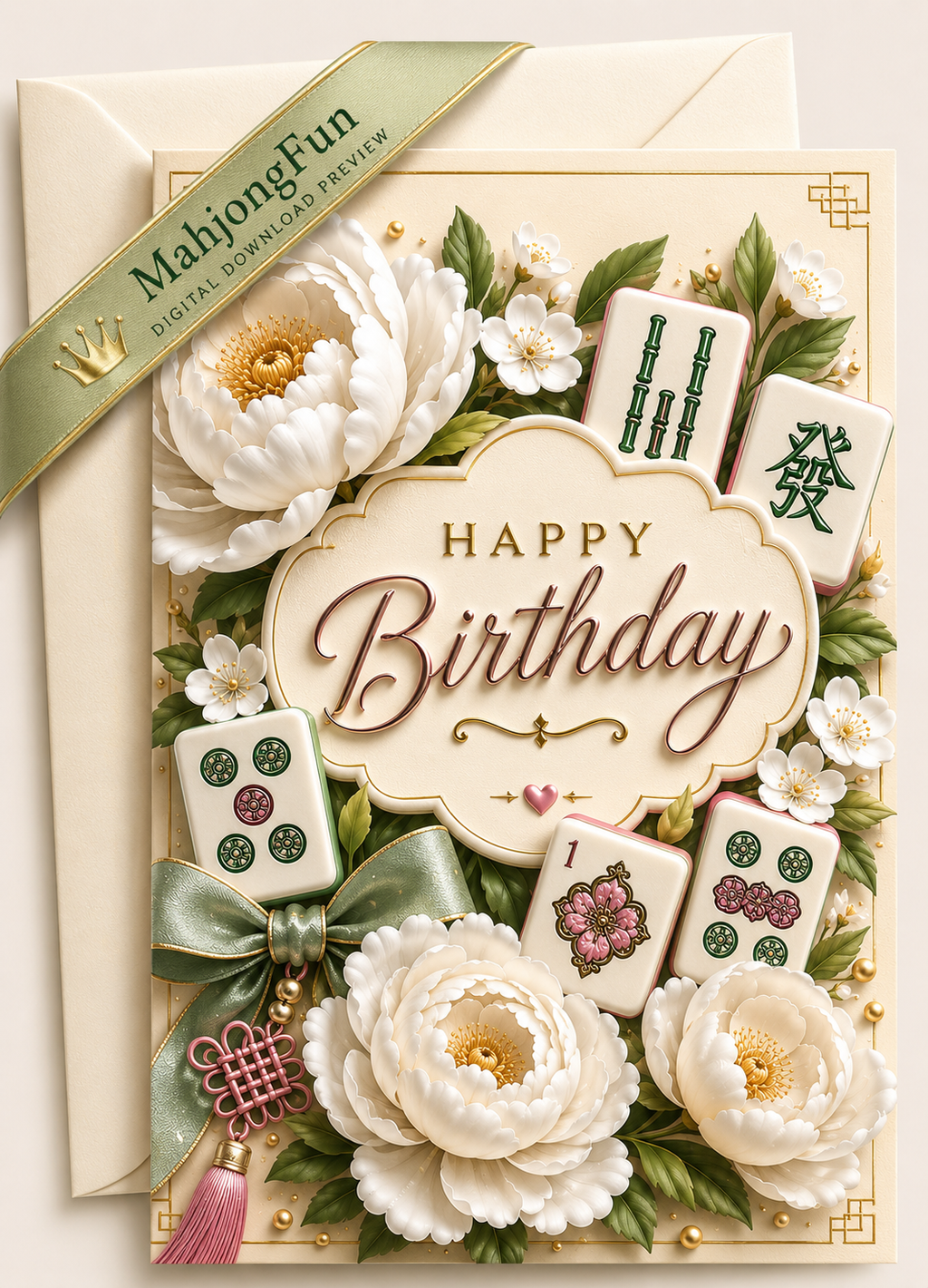 Elegant Mahjong Birthday Card Printable | 5x7 Digital Birthday Card | White Floral 3D Mahjong Greeting Card | Instant Download | Printable Card PDF & JPG