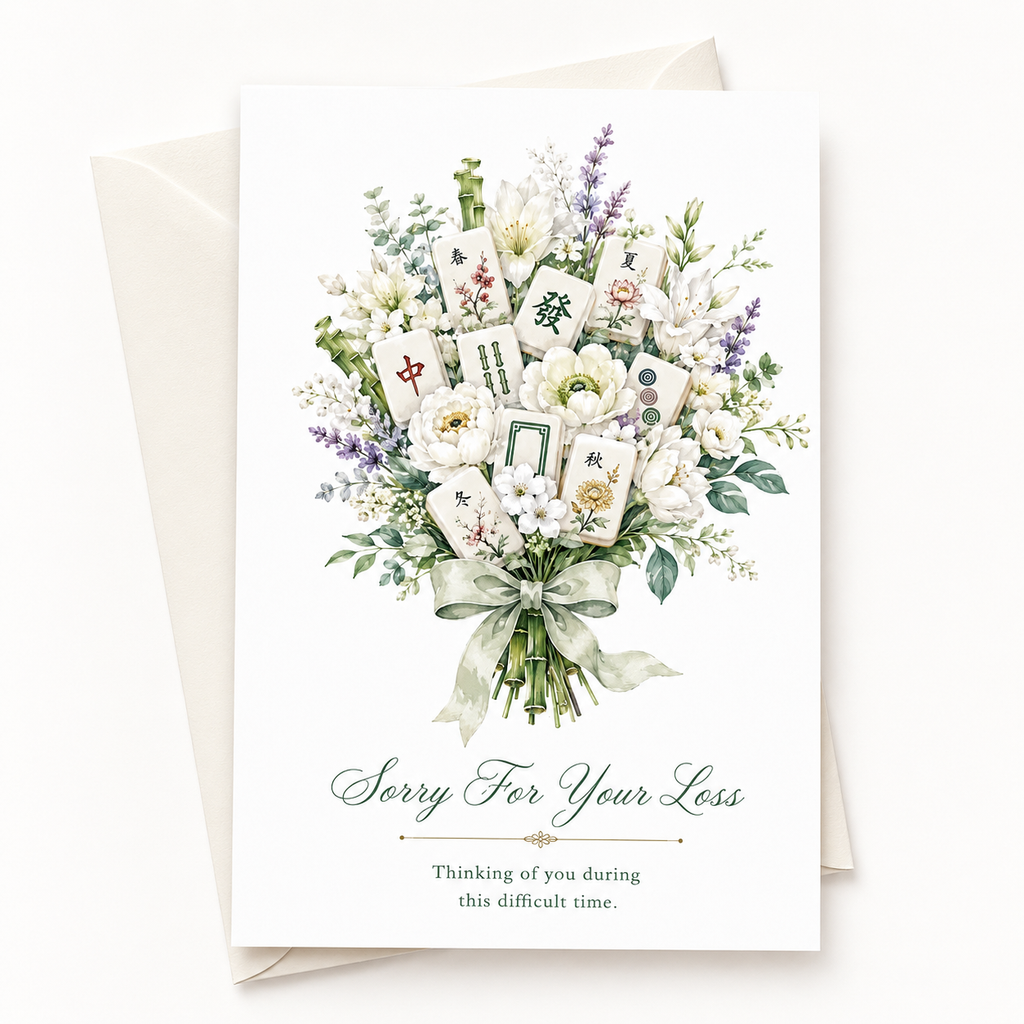 Sympathy Greeting card with floral design and 'Sorry For Your Loss' text on a white background, with mahjong tiles added for a mahjong theme.