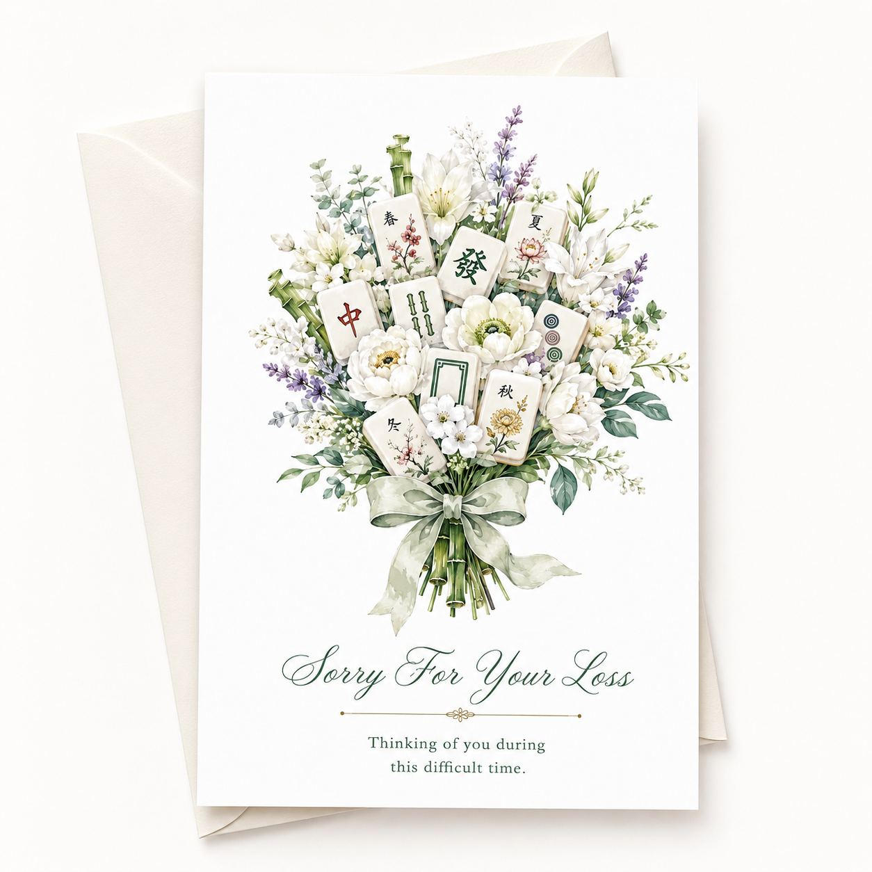 Sympathy Greeting card with floral design and 'Sorry For Your Loss' text on a white background, with mahjong tiles added for a mahjong theme.