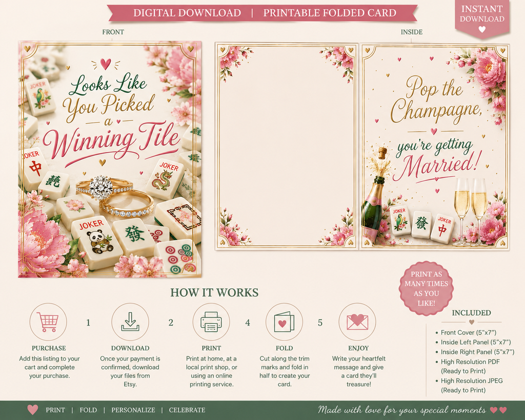 A digital printable wedding-themed folded card set shown as a front, inside, and how-it-works infographic on a light blush background. The cards feature floral borders, champagne bottles, cocktail glasses, and romantic phrases like 'Looks Like You Picked a Winning Tile' and 'Pop the Champagne, you're getting Married!'.