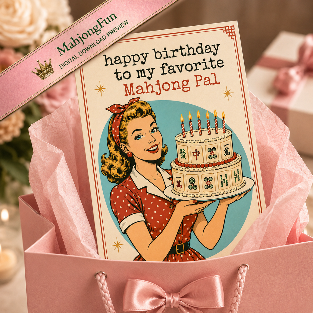 A pink gift box with tissue paper and a ribbon bow, holding a birthday card that reads 'happy birthday to my favorite Mahjong Pal.' The card features a retro illustration of a woman holding a two-tiered mahjong cake.