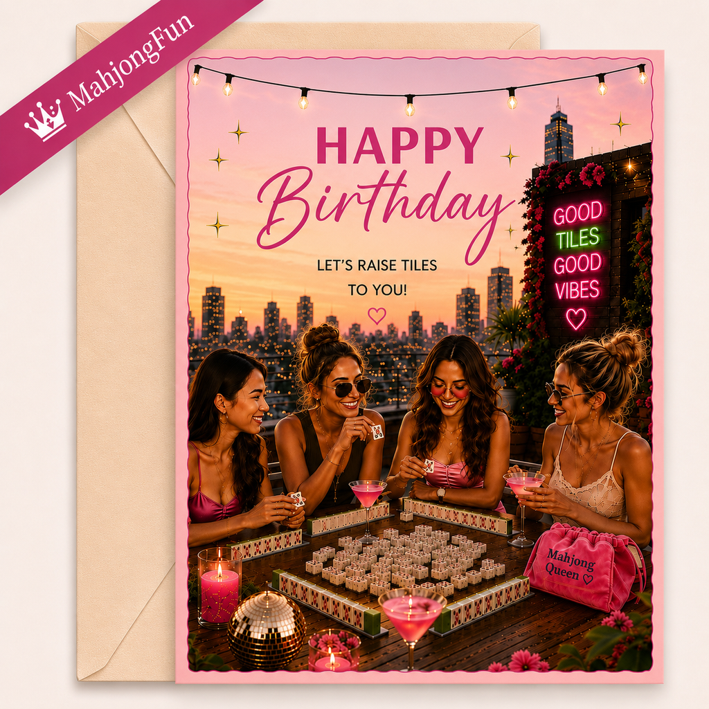 A square birthday greeting card with a pink border and an envelope behind it. The card features the text 'HAPPY Birthday LET'S RAISE TILES TO YOU!' above a nighttime rooftop party scene with Gen Z four women, drinks, candles, and a pink 'Mahjong Queen' handbag.