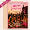 A square birthday greeting card with a pink border and an envelope behind it. The card features the text 'HAPPY Birthday LET'S RAISE TILES TO YOU!' above a nighttime rooftop party scene with Gen Z four women, drinks, candles, and a pink 'Mahjong Queen' handbag.