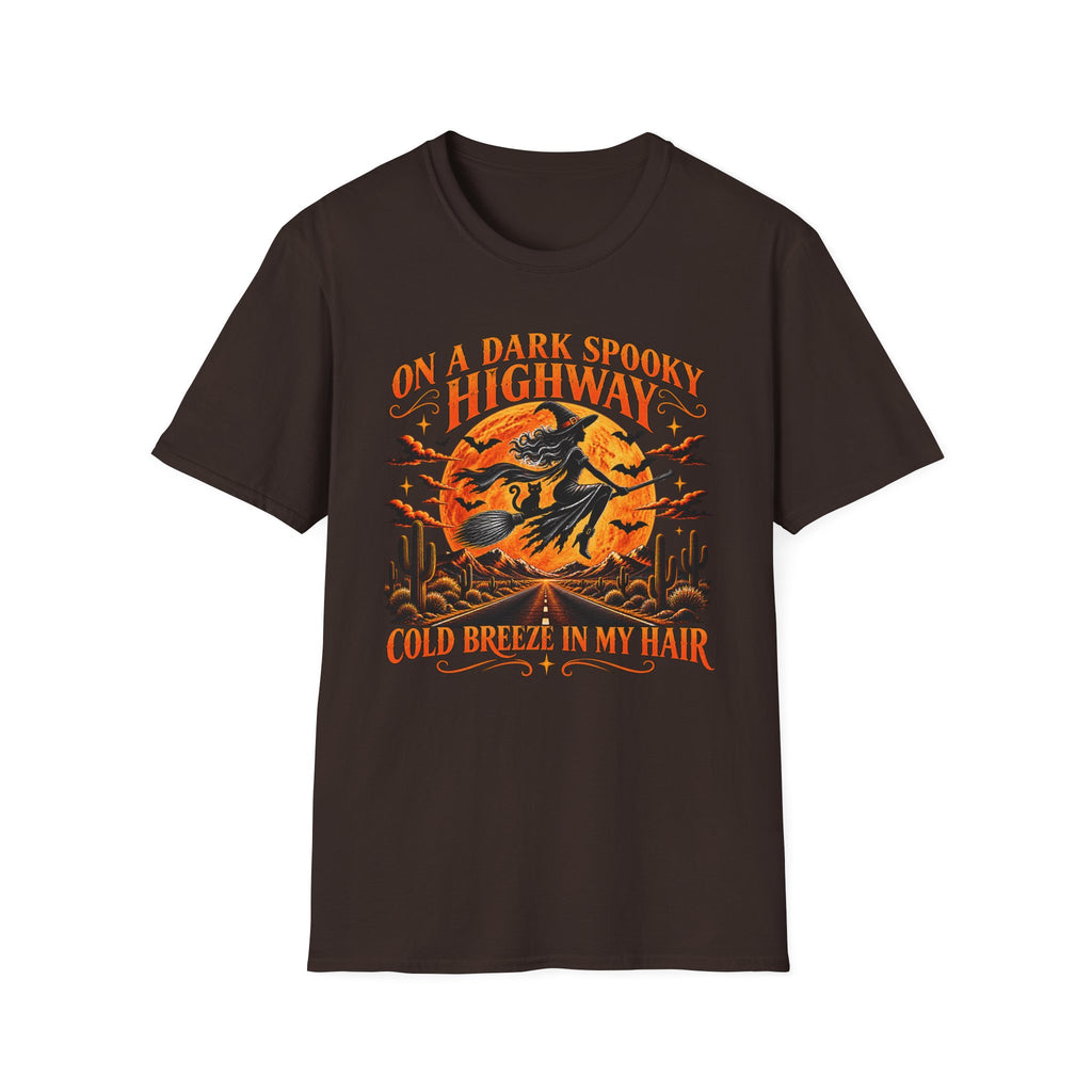 A Halloween themed witch design on a brown T-shirt