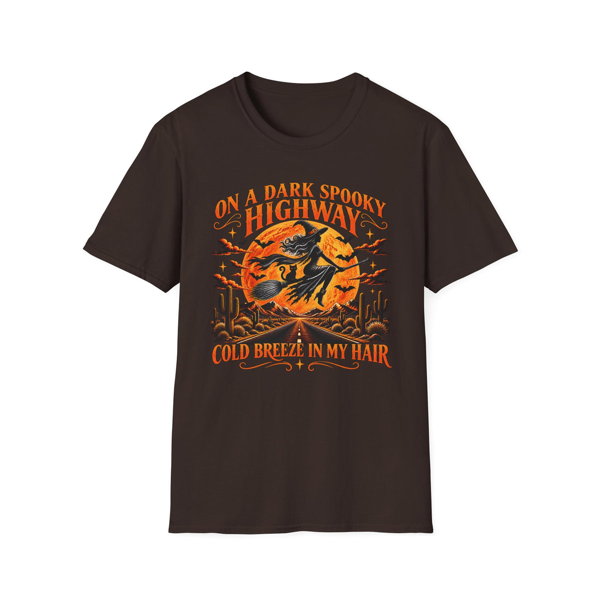 A Halloween themed witch design on a brown T-shirt