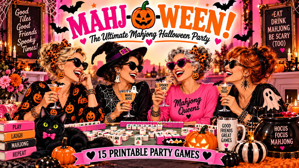 A festive Halloween party scene with four women laughing and holding drinks, surrounded by jack-o'-lanterns, bats, and party decorations. Large text at the top reads 'MAHJOWEEN! The Ultimate Mahjong Halloween Party,' and the bottom banner says '15 Printable Party Games.