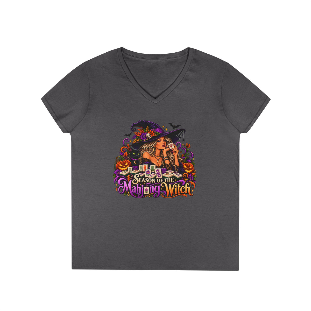 Season of the Mahjong Witch V-Neck T-Shirt | Halloween Witch Mahjong Design