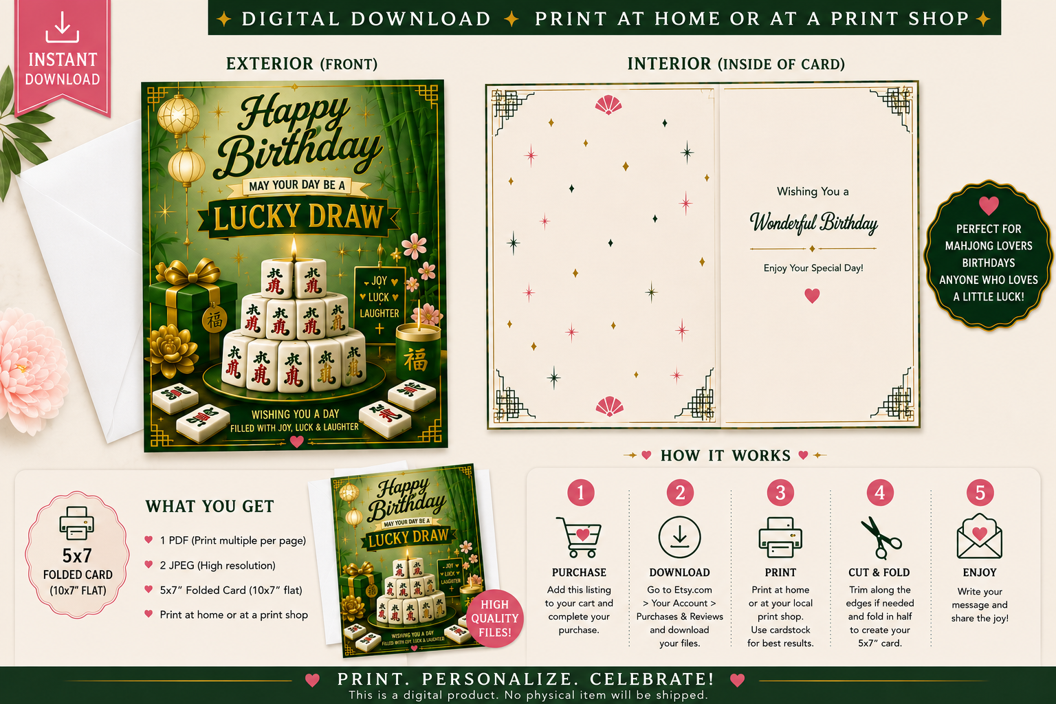 A promotional graphic for a digital printable birthday card set, showing the exterior front and interior back of a folded card, plus smaller previews of what is included and how the product works. The design features a green and gold 'Happy Birthday Lucky Draw' theme with card-deck graphics, pink floral accents, and printed text on a light beige background.