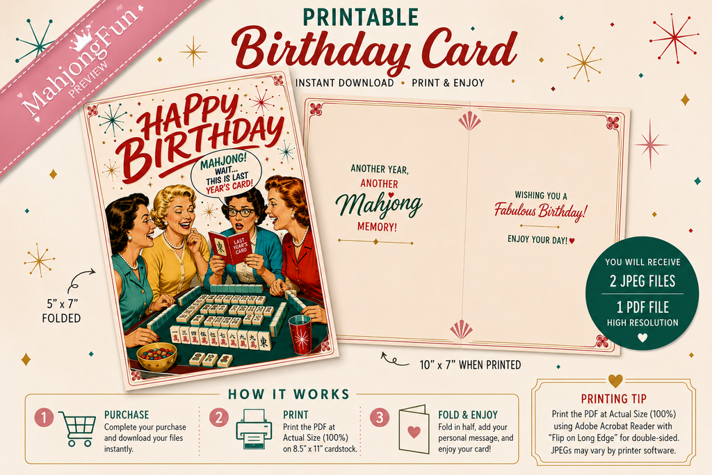 A promotional graphic for a printable birthday card template. The design shows a vintage-style card with illustrated women playing pool and the text 'Happy Birthday' and 'Another Year, Another Memory!'.