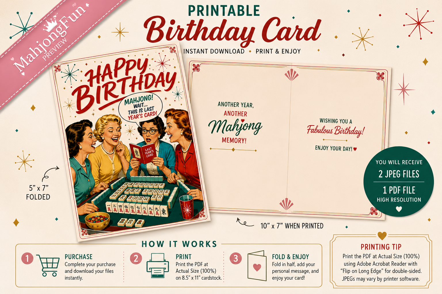A promotional graphic for a printable birthday card template. The design shows a vintage-style card with illustrated women playing pool and the text 'Happy Birthday' and 'Another Year, Another Memory!'.