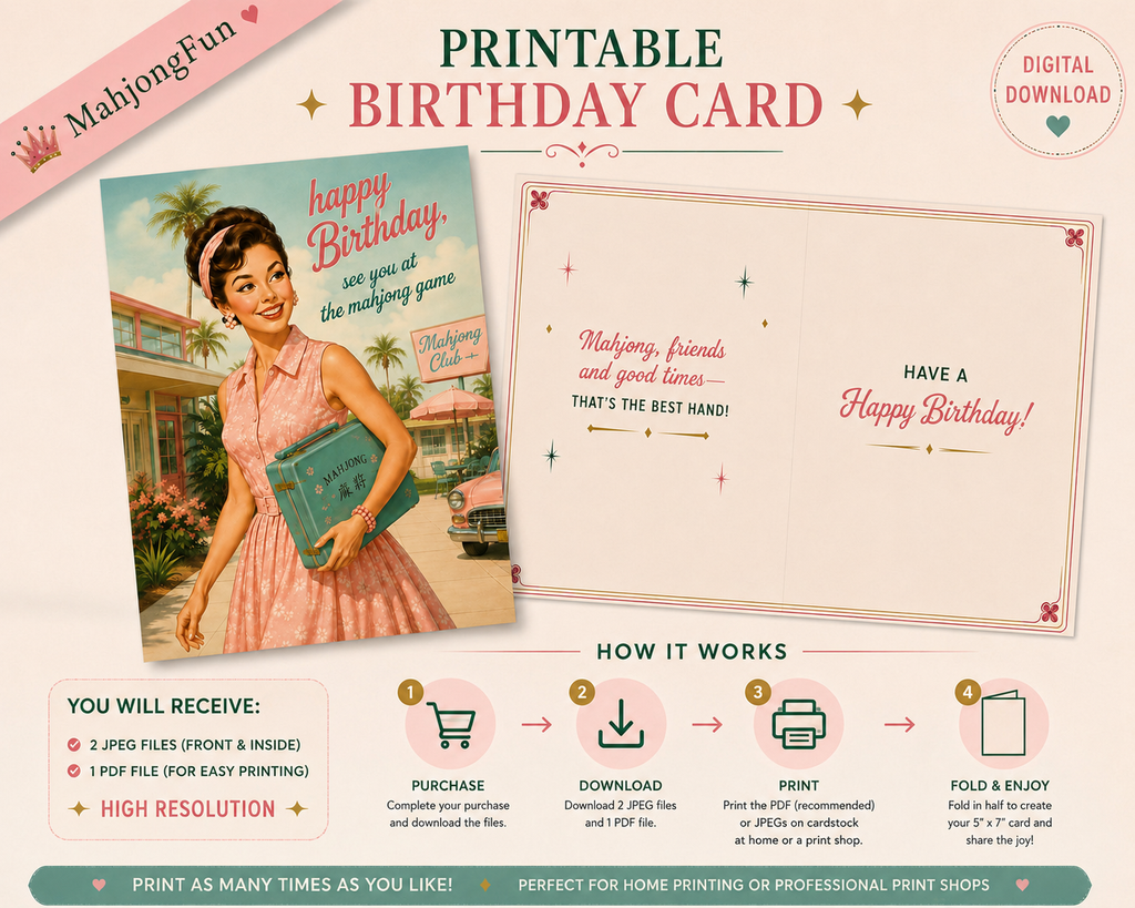 A promotional graphic for a printable birthday card set by MahjongFun, showing a vintage-style illustrated card design, a blank card template, and step-by-step instructions for downloading and printing the card.