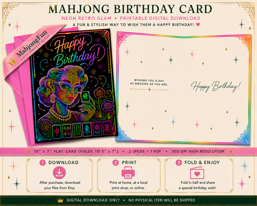 Neon Mahjong Birthday Card Printable | Retro Glam Birthday Card | Digital Download | 5x7 Folded Greeting Card | Mahjong Lover Gift | Instant Download