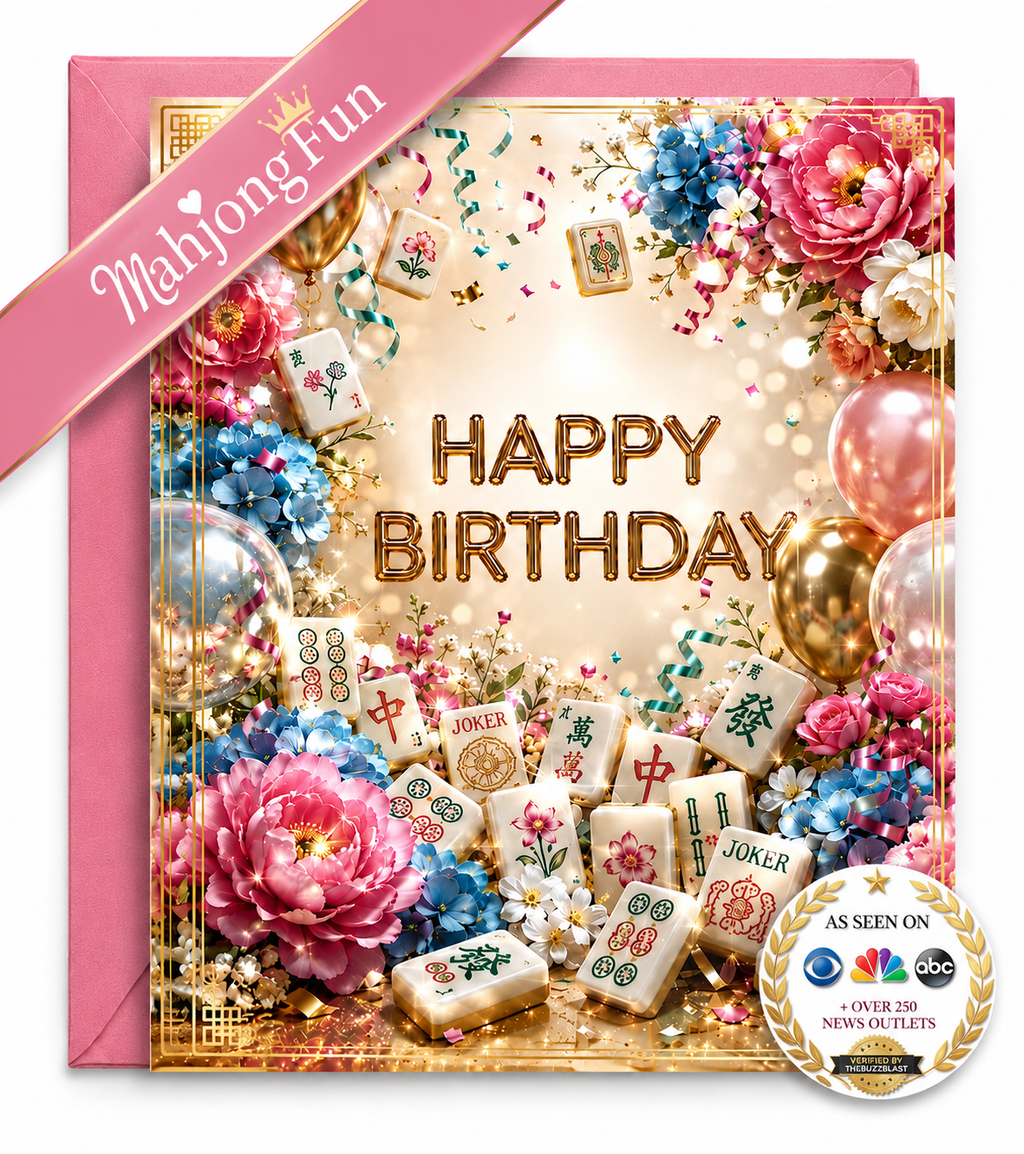A square pink and gold birthday card featuring a mahjong-themed design with the words 'HAPPY BIRTHDAY' in gold lettering, surrounded by pink and blue flowers, mahjong tiles, balloons, and confetti. A pink ribbon in the top left reads 'Mahjong Fun', and a round badge at the bottom right says 'As seen on' with NBC, ABC, and CBS logos.