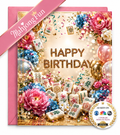 A square pink and gold birthday card featuring a mahjong-themed design with the words 'HAPPY BIRTHDAY' in gold lettering, surrounded by pink and blue flowers, mahjong tiles, balloons, and confetti. A pink ribbon in the top left reads 'Mahjong Fun', and a round badge at the bottom right says 'As seen on' with NBC, ABC, and CBS logos.