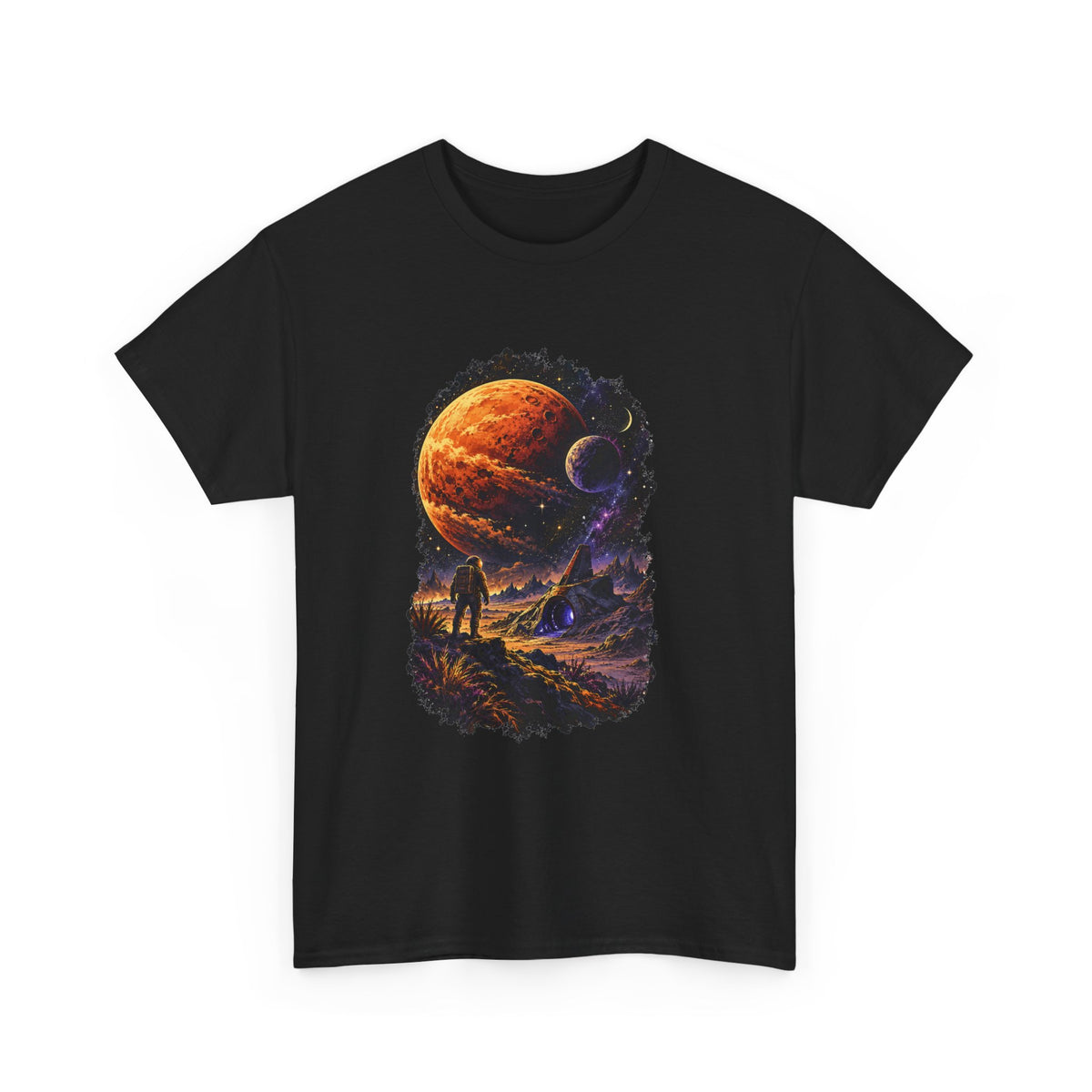 A black short-sleeve crewneck t-shirt featuring a large, detailed cosmic graphic print on the front. The graphic depicts a sci-fi scene with a lone figure looking at a giant orange planet, a smaller purple planet, and a starry space background.