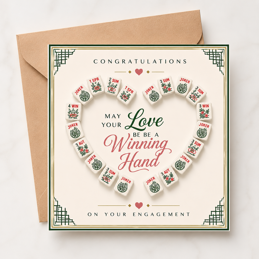 Mahjong themed Engagement card with mahjong tiles arranged in a heart shape and text 'May your love be a winning hand on your engagement'.