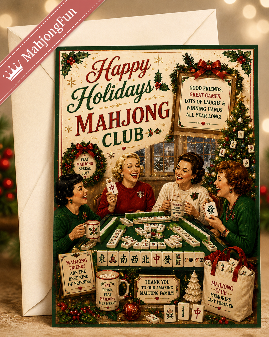 This nostalgic holiday design combines the warmth of Christmas traditions with the fun and friendship of Mahjong. With its vintage artwork, festive colors, and cheerful message, it’s a keepsake your Mahjong friends will treasure long after the holidays are over.