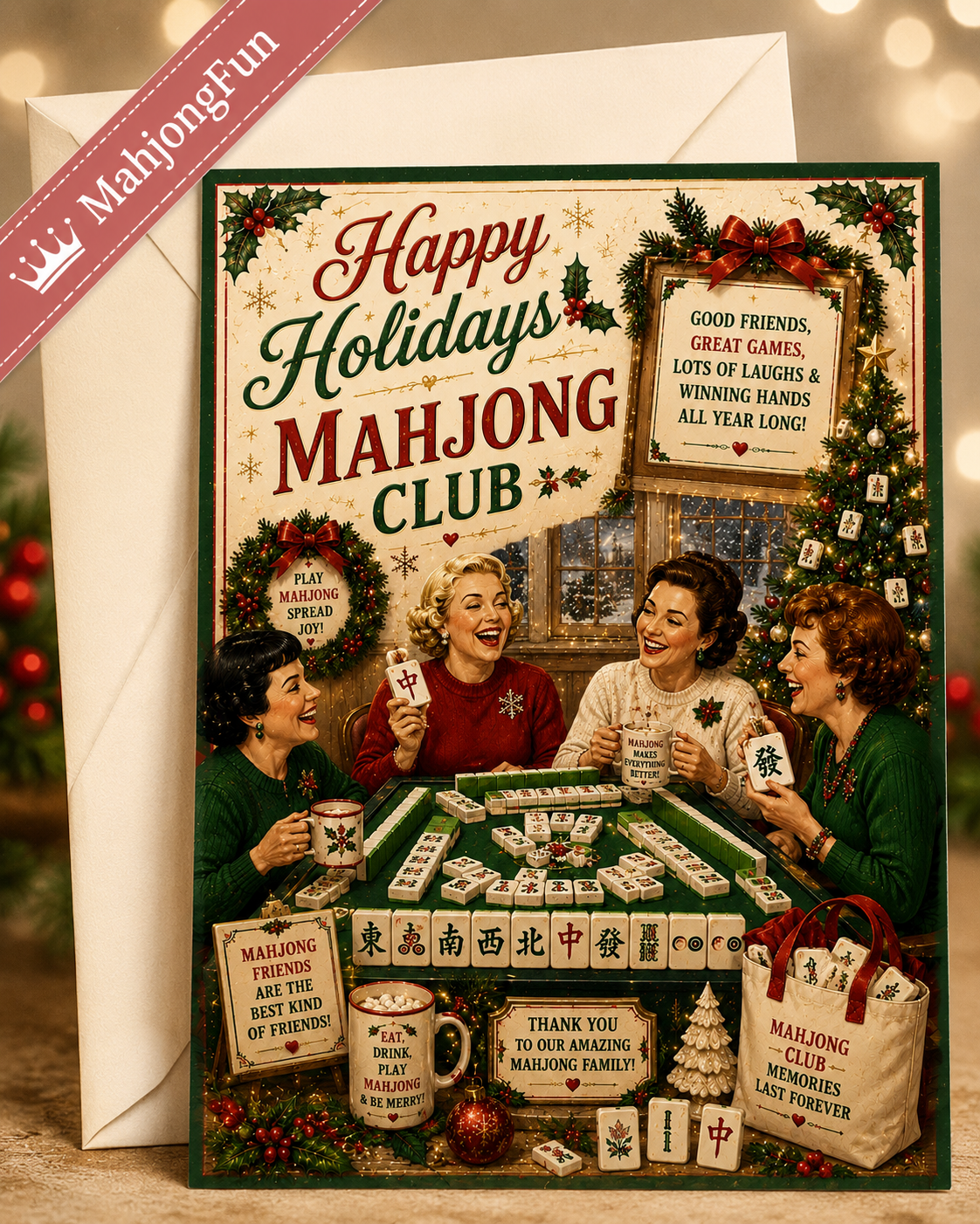 This nostalgic holiday design combines the warmth of Christmas traditions with the fun and friendship of Mahjong. With its vintage artwork, festive colors, and cheerful message, it’s a keepsake your Mahjong friends will treasure long after the holidays are over.