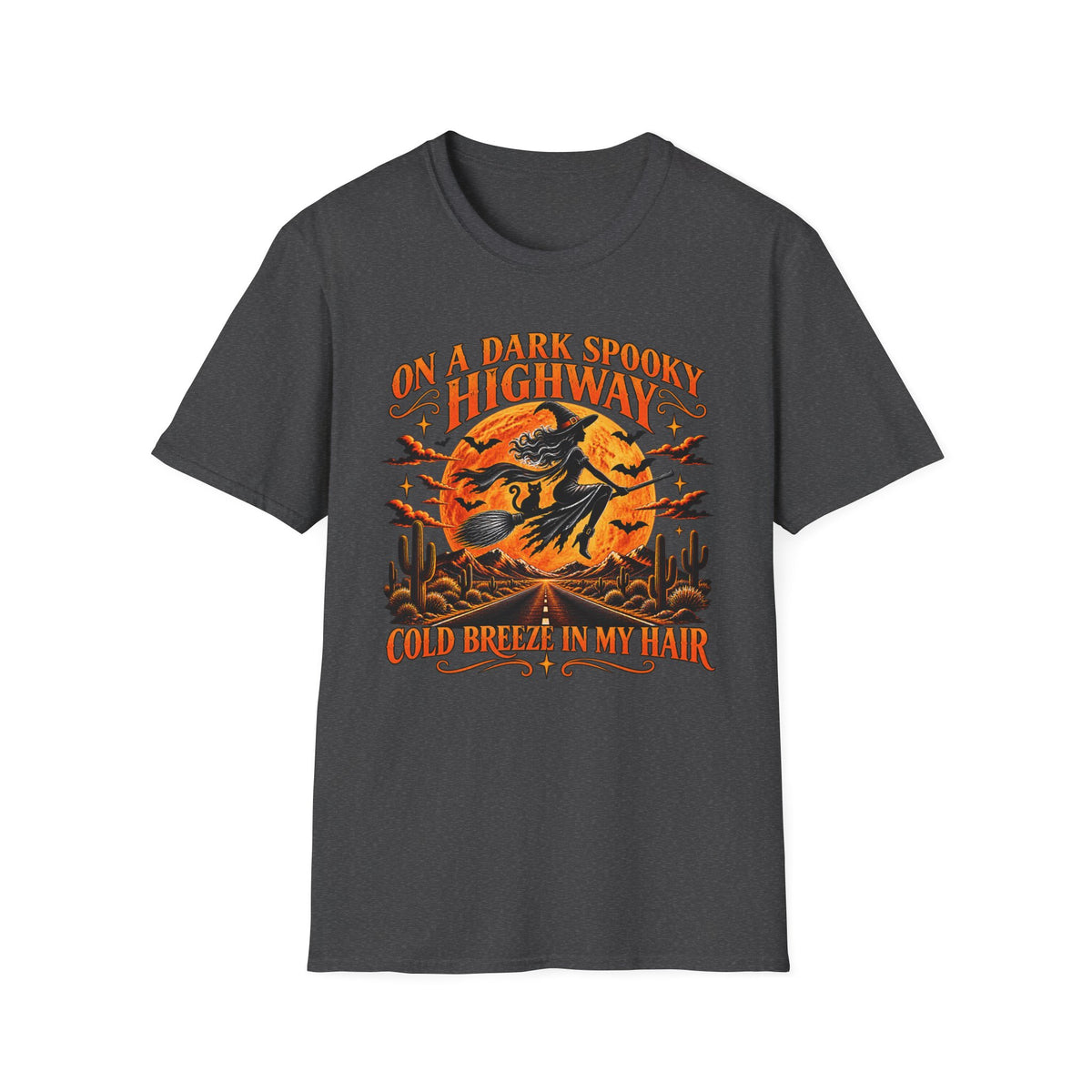 A dark charcoal gray short-sleeve t-shirt with a Halloween-themed graphic print on the front. The graphic features an orange full moon, a witch riding a broomstick, flying bats, and the text 'ON A DARK SPOOKY HIGHWAY COLD BREEZE IN MY HAIR' in orange and yellow.