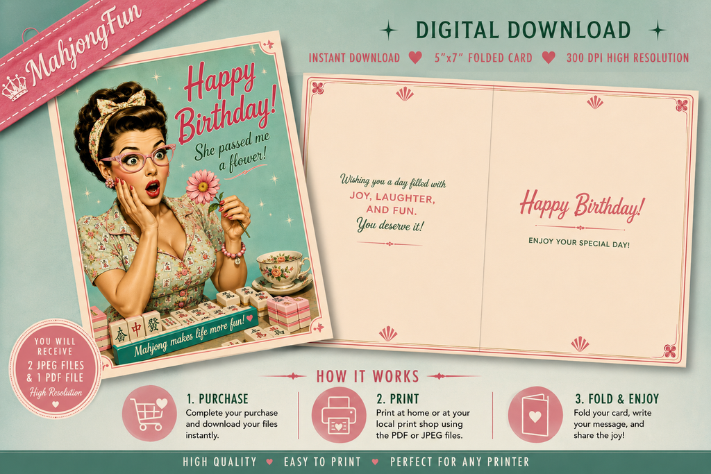 Promotional graphic for a digital printable birthday card set. The left side shows a retro-style illustrated card with a vintage pin-up woman and the text 'Happy Birthday! She passed me a flower.