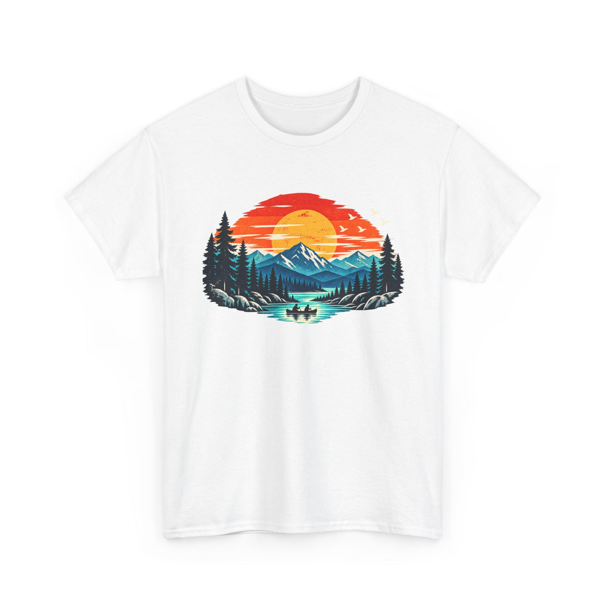 This classic white cotton T-shirt features a vivid sunset landscape with snowcapped peaks, towering evergreens, reflective blue water, and two paddlers enjoying the stillness of the lake.