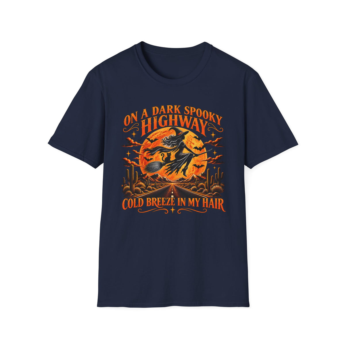 Halloween Witch T-Shirt — "On a Dark Spooky Highway" Retro Pumpkin Design