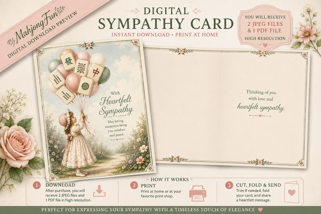 Digital sympathy card template preview with an illustrated closed card showing a woman in a white dress holding balloons with Chinese characters, an open card with elegant text, floral decorations, and step-by-step download instructions.