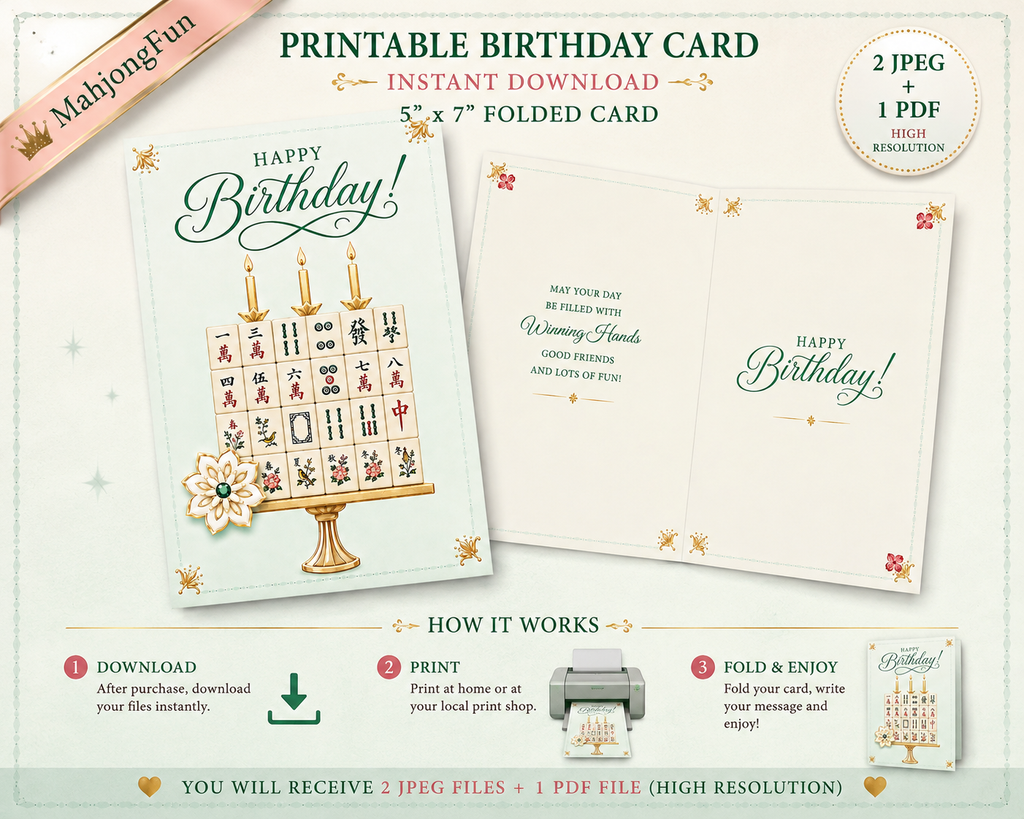 Printable birthday card template preview for Hanukkah, showing the front and inside layout of a 5x7 folded card. The design features a gold candlestick with a game board made of holiday cards, a white flower, and teal 'Happy Birthday!' script.