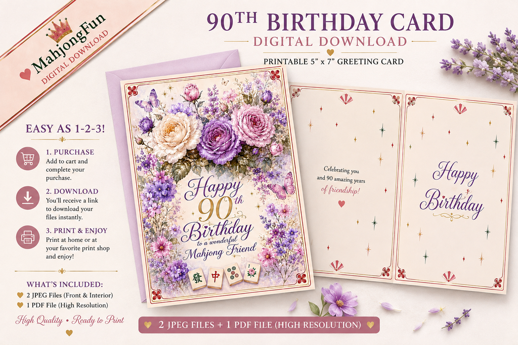 Digital download preview of a 90th birthday card template with floral artwork, showing front and interior page designs, plus purchase and included file details on a decorative light background.