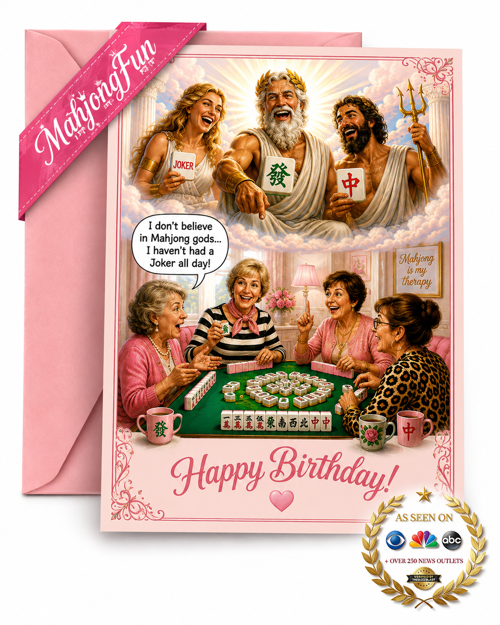 A pink birthday card with a matching pink envelope, featuring a humorous illustration of Chinese gods playing mahjong with the text 'Happy Birthday!' and a 'Made with Fun' banner. A 'As Seen on NBC' logo is in the bottom right corner.