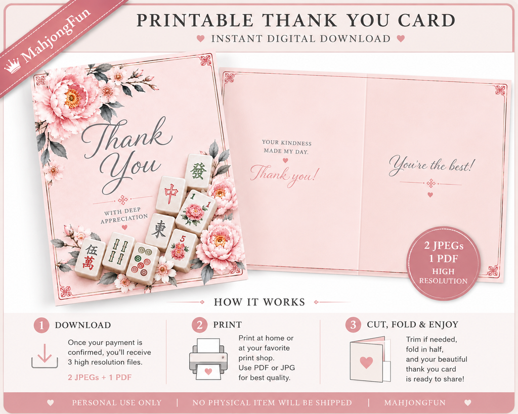 A digital preview of a printable thank you card template in pink tones, showing the front and inside layout with floral and Chinese tile graphics. Text at the top reads 'PRINTABLE THANK YOU CARD' and 'INSTANT DIGITAL DOWNLOAD,' with a pink banner in the corner reading 'MahjongFun.