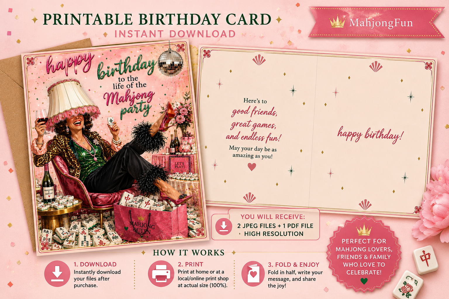 A promotional graphic for a printable birthday card instant download by MahjongFun. The design shows a pink-themed card layout with an illustrated mahjong player, scattered tiles, dice, and decorative text, plus instructions and file details on a pink background.