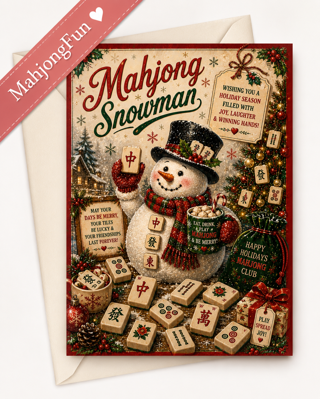A square greeting card featuring a festive Mahjong-themed snowman illustration, shown with an off-white envelope behind it on a light neutral background. A pink diagonal banner in the top-left corner reads 'MahjongFun'.