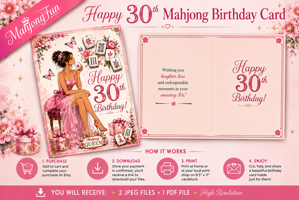 Promotional graphic for a Happy 30th Mahjong Birthday Card set, showing the front cover design with an illustrated seated woman in pink, the inside layout with elegant pink text, and four step-by-step usage icons at the bottom. The design uses a pink floral theme with roses, hearts, and decorative borders.