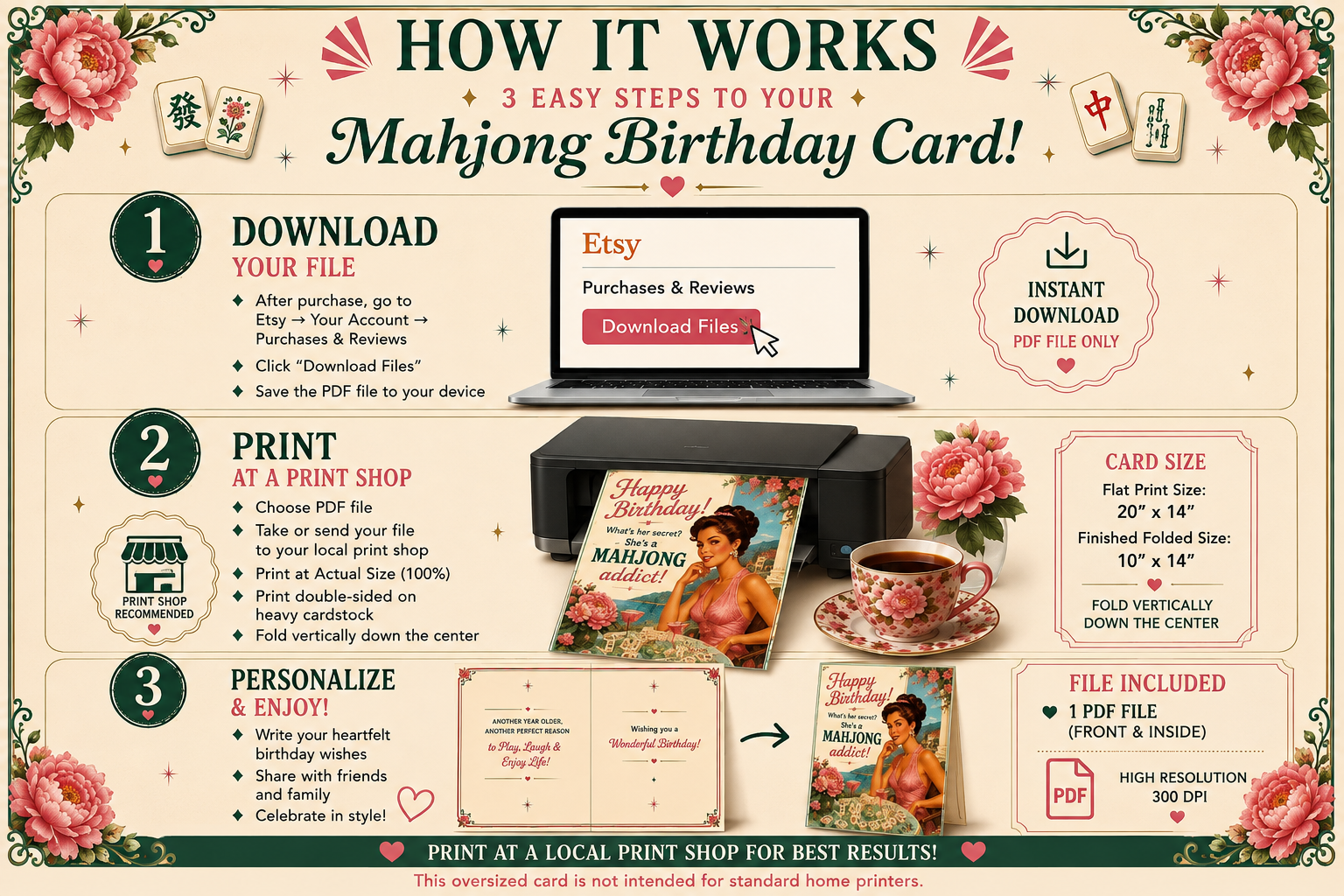 Print instructions. An oversized folded birthday card with a retro 1950s-style illustration of a woman at a mahjong table, shown with a pink envelope on a white background. The card reads 'Happy Birthday! What's her secret? She's a MAHJONG addict!' and includes promotional text and a 'As Seen on ABC' seal.